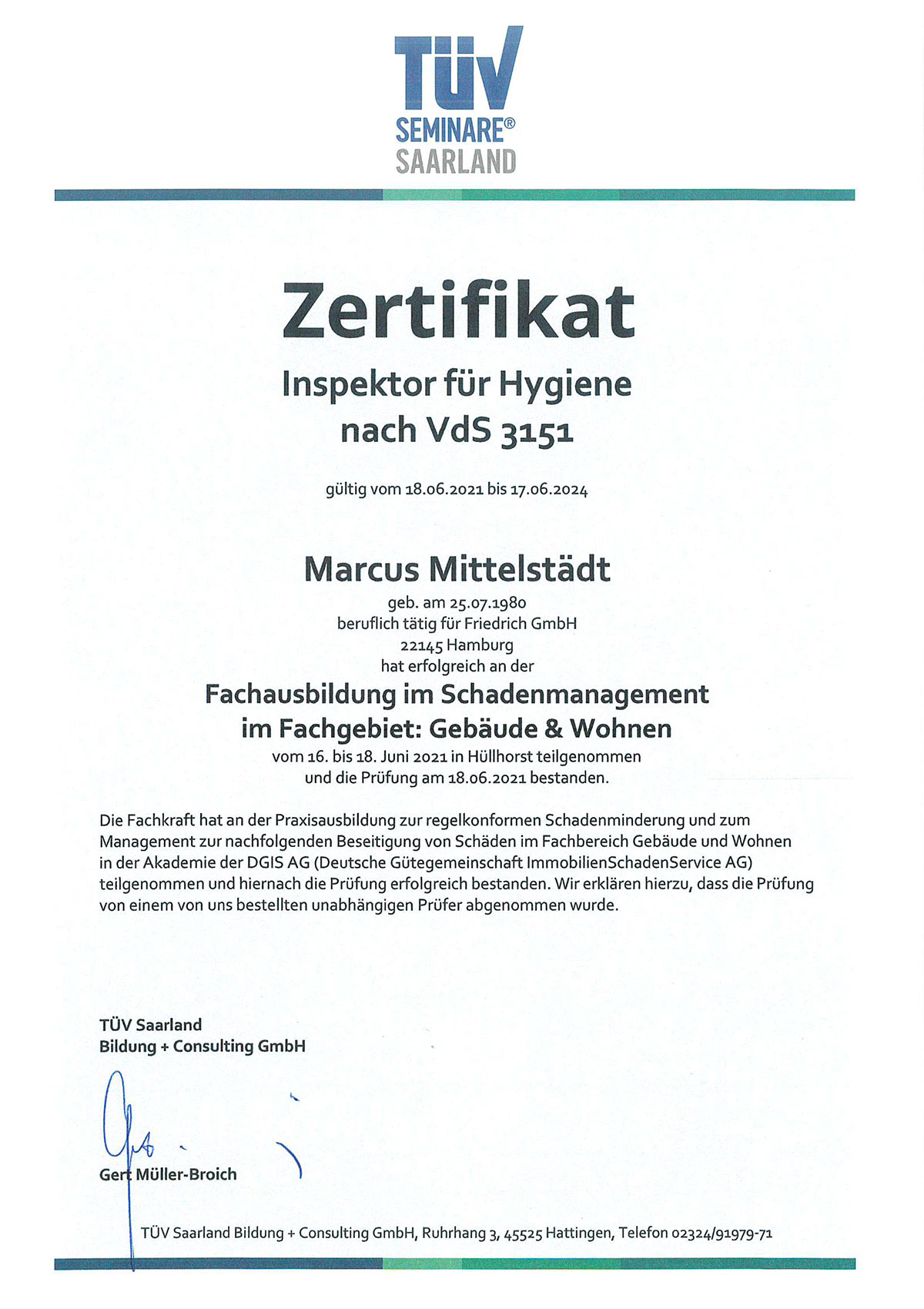 Zertifikat Inspektor für Hygiene Marcus Mittelstädt