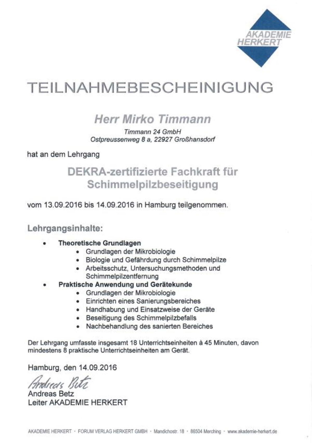Zertifikat Fachkraft für Schimmelbeseitigung Mirko Timmann