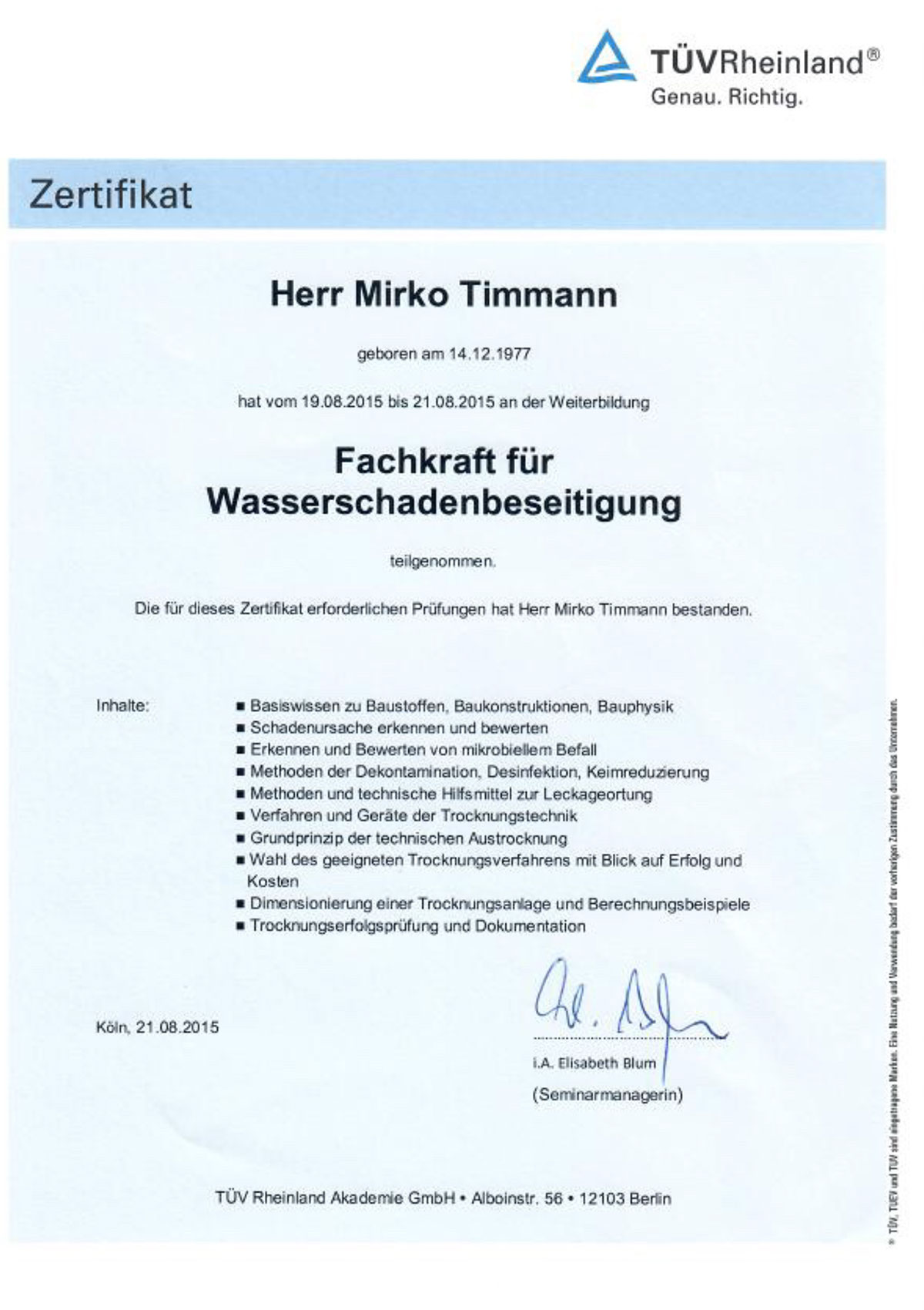 Zertifikat Fachkraft für Wasserschadenbeseitigung Mirko Timmann