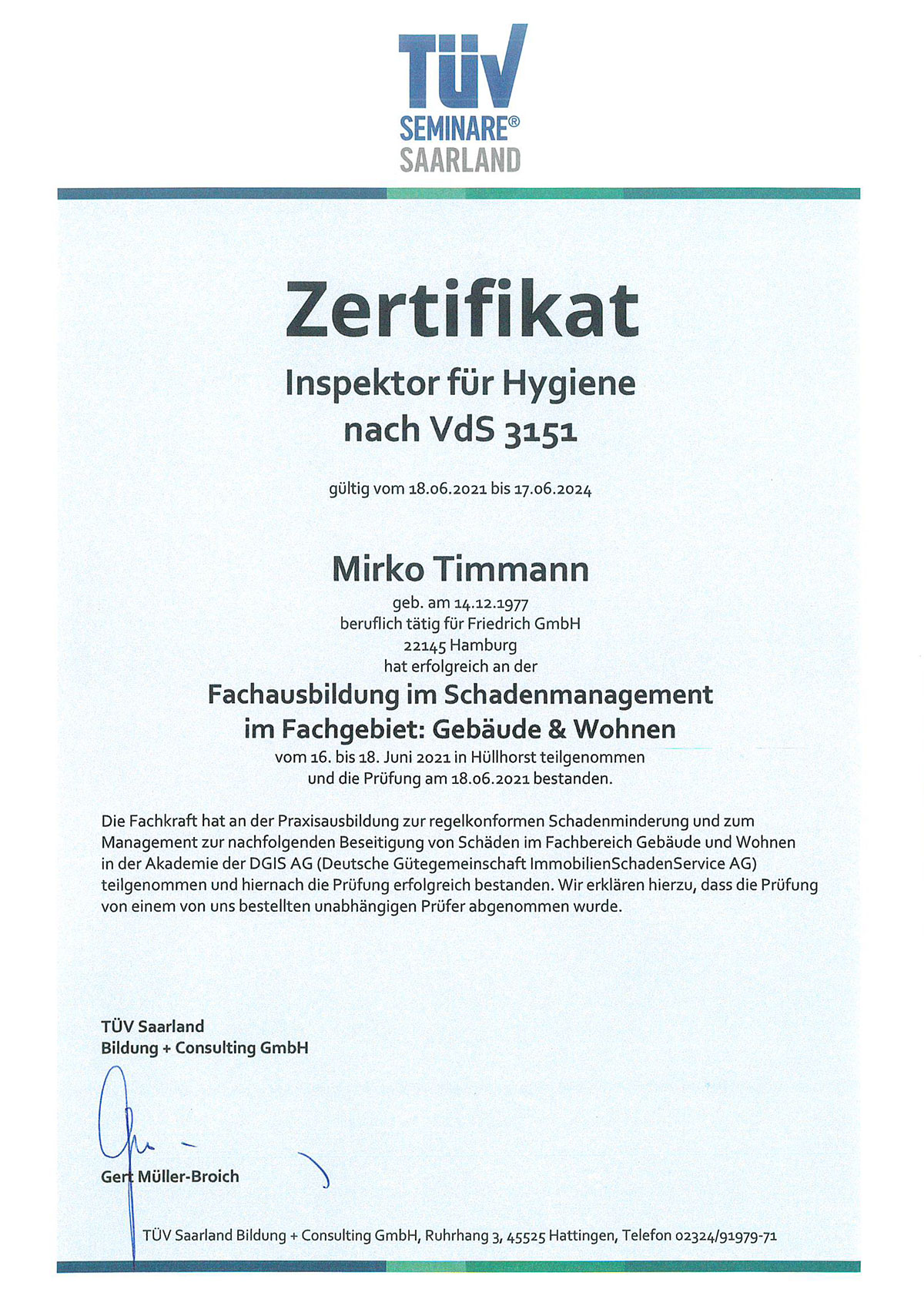 Zertifikat Inspektor für Hygiene Mirko Timmann