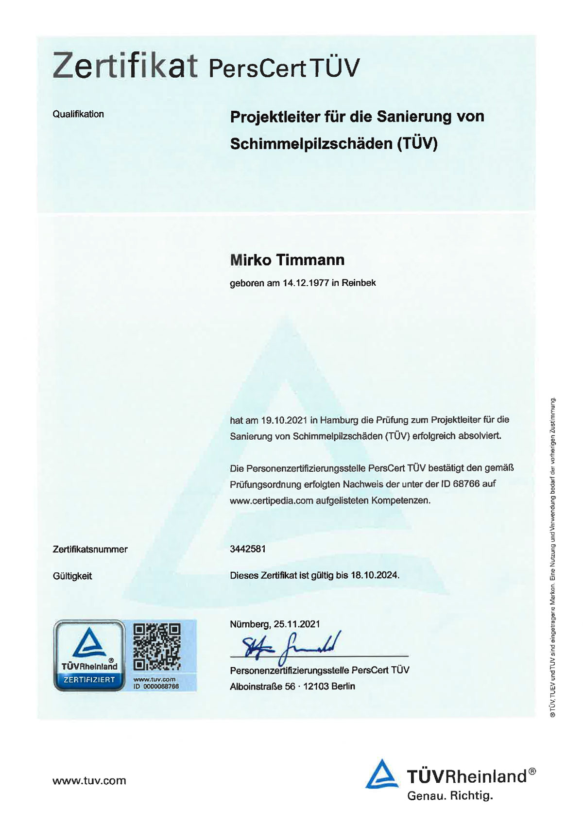 Zertifikat TÜV PersCert Mirko Timmann