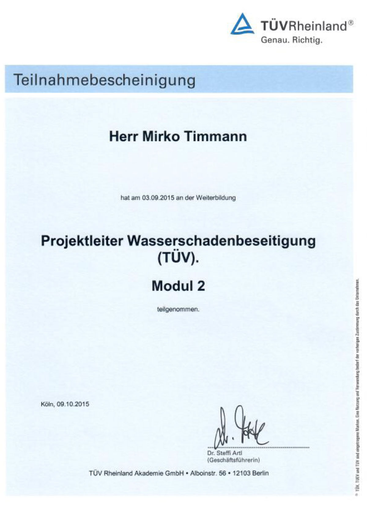 Zertifikat Projektleiter für Wasserschadenbeseitigung Modul 2 Mirko Timmann
