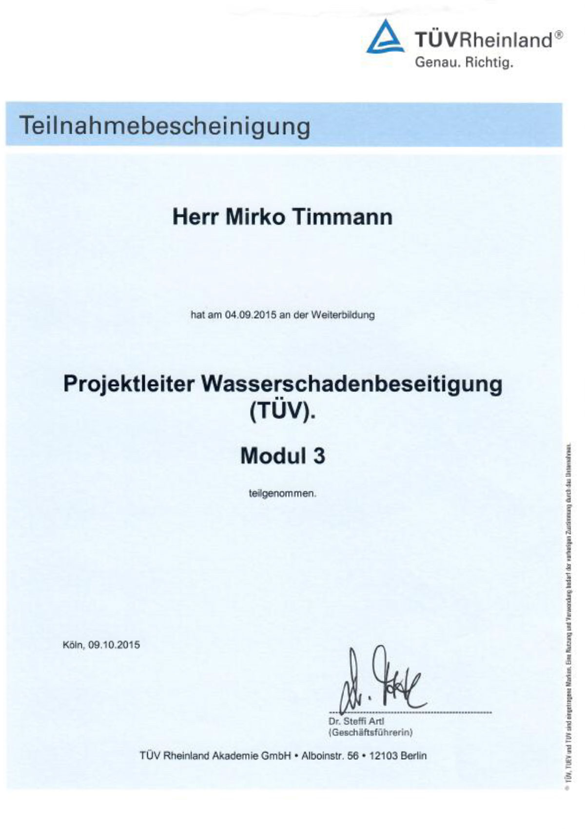 Zertifikat Projektleiter für Wasserschadenbeseitigung Modul 3 Mirko Timmann