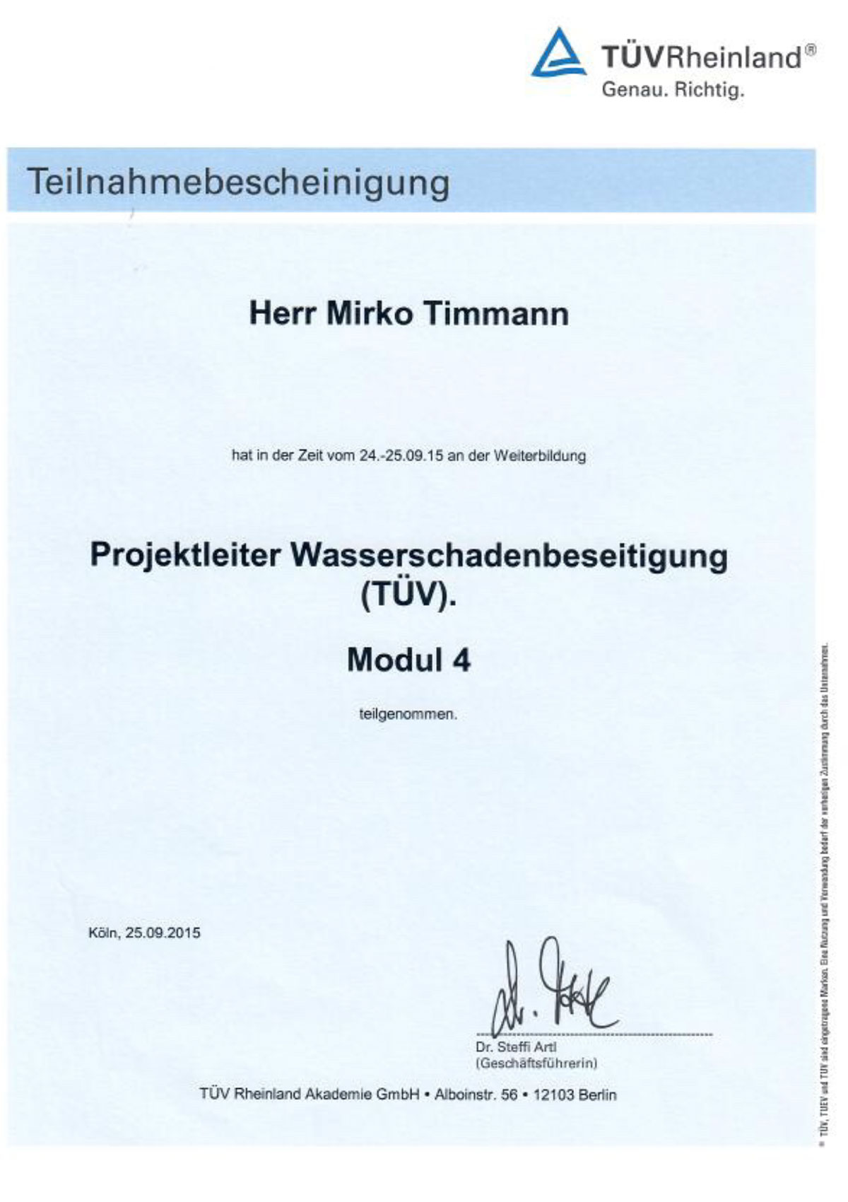 Zertifikat Projektleiter für Wasserschadenbeseitigung Modul 4 Mirko Timmann