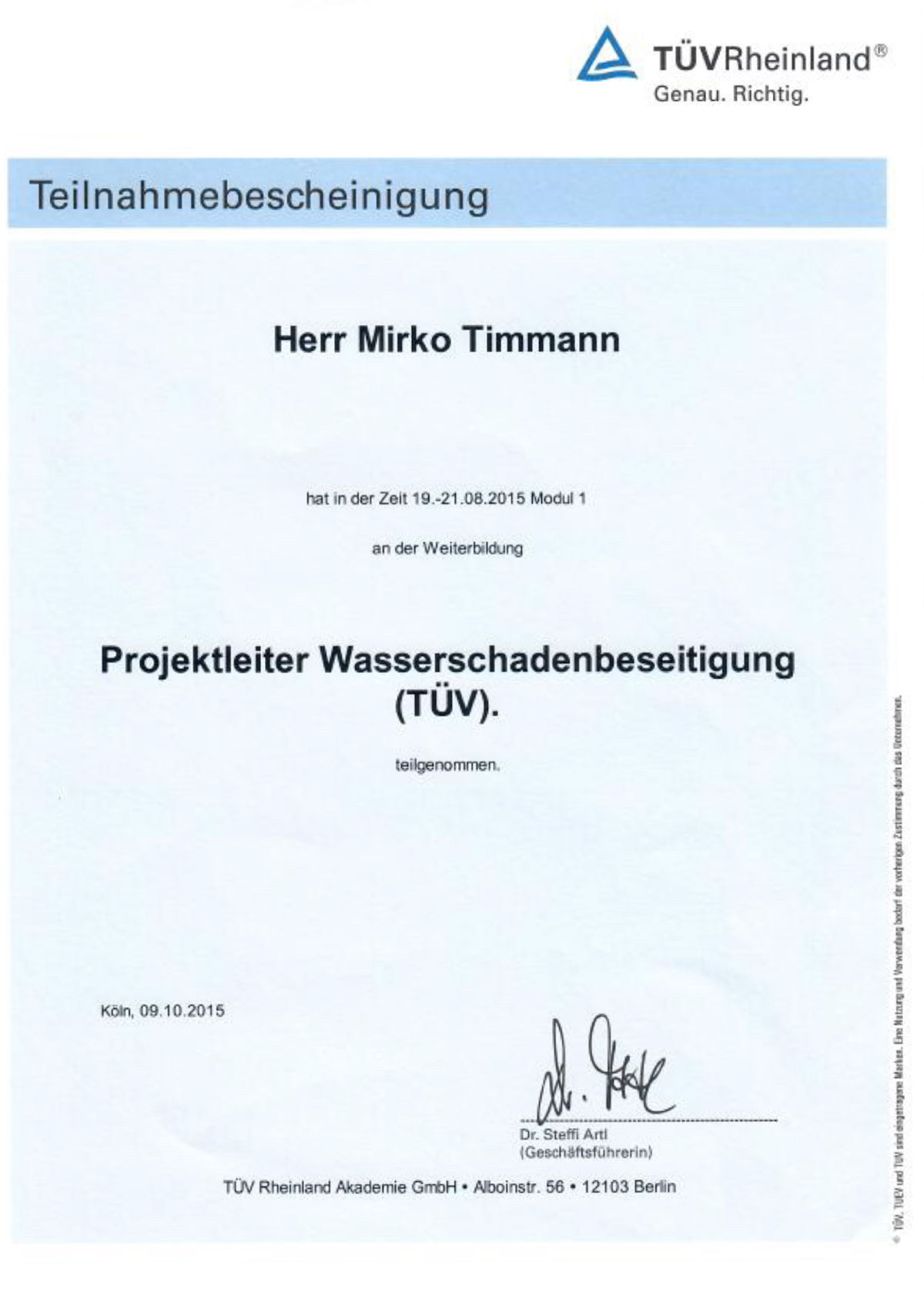 Zertifikat Projektleiter für Wasserschadenbeseitigung Mirko Timmann