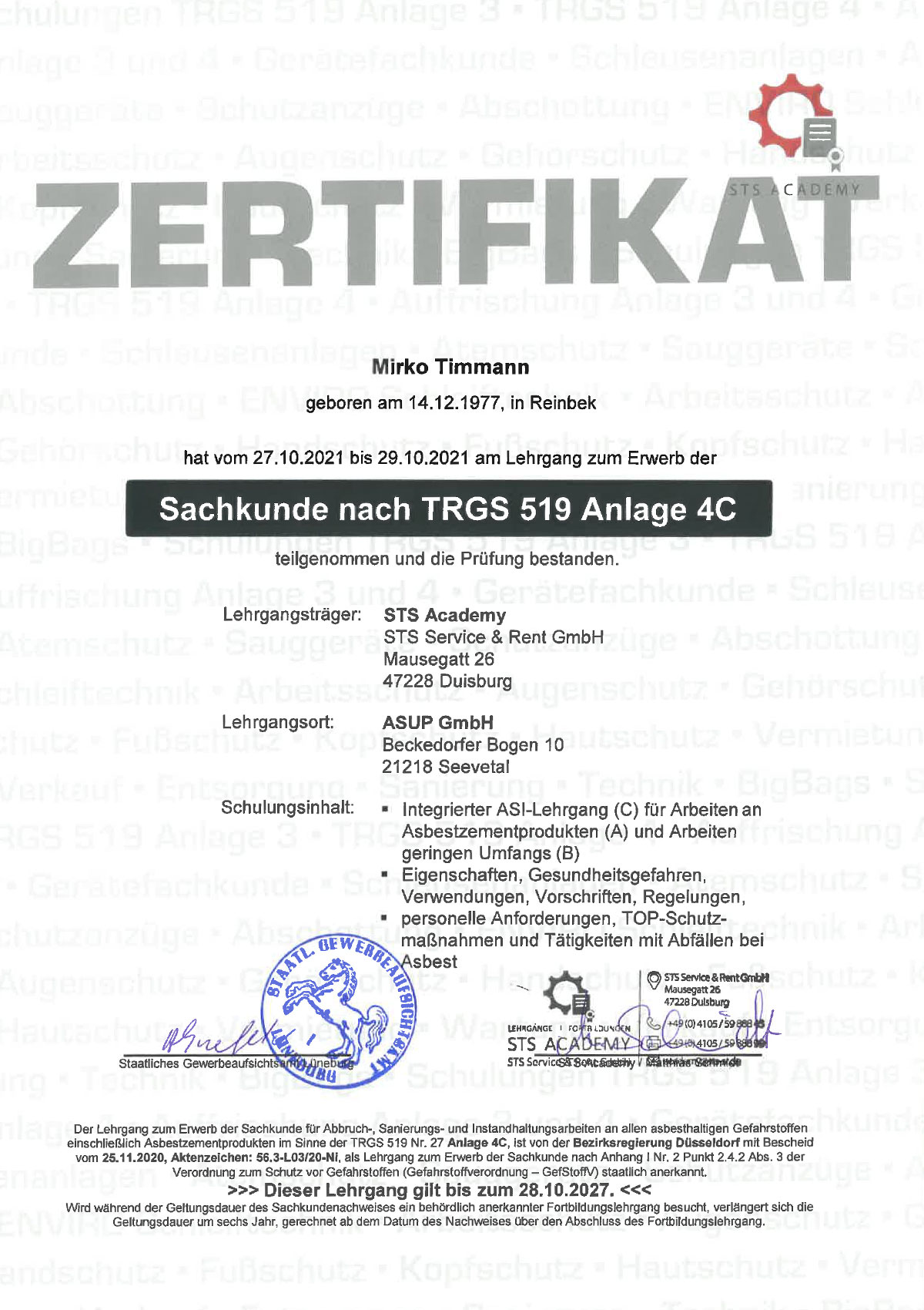 Zertifikat Sachkunde TRGS 519 Mirko Timmann