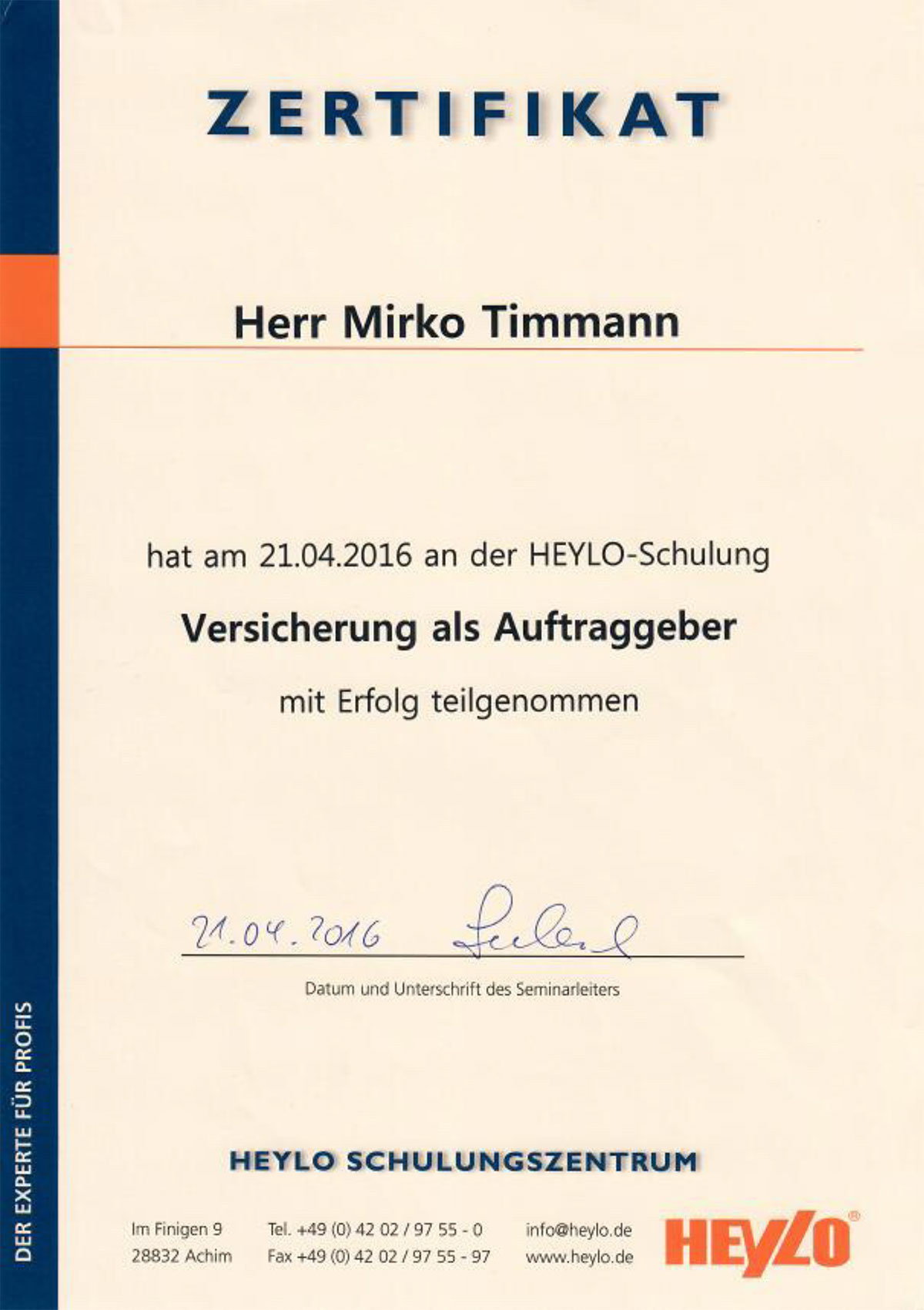 Zertifikat Versicherung als Auftraggeber Mirko Timmann